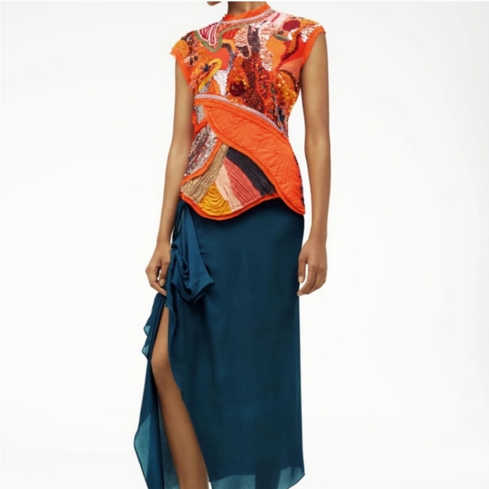 Zara Orange Multicolor Embroidered Top with Teal Midi Skirt